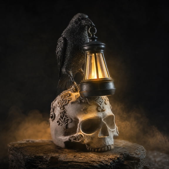 NIUBWJL Halloween Crow Skull Resin Figurine Solar-Powered Spooky Decor For Desktop And Garden