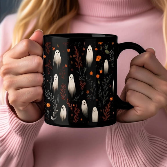 NIUBWJL Halloween Cute Ghost Reading Coffee Mug, Black Ceramic Tea Cup, Spooky Book Mug for Book Lovers & Readers, Novelty Fun Festive Bookish Gift for Women, Friends & Coworkers