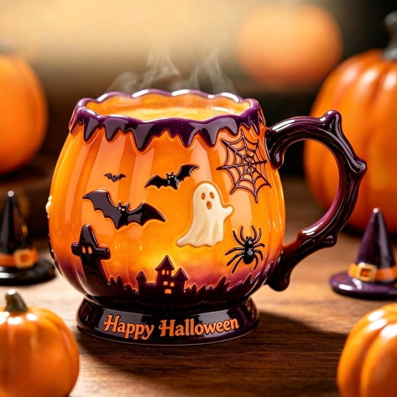 NIUBWJL Halloween Themed Embossed Ceramic Mug Spooky Ghost Coffee Cup 300ml
