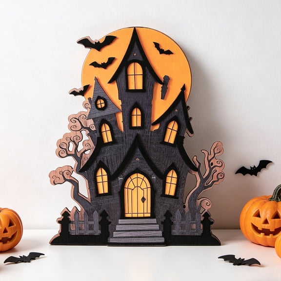 NIUBWJL Layered Wooden Haunteds Castle Tabletop Decorations Spooky Halloween Desktop Standing Signs For Mantel Shelf Window Holiday Scene Layouts