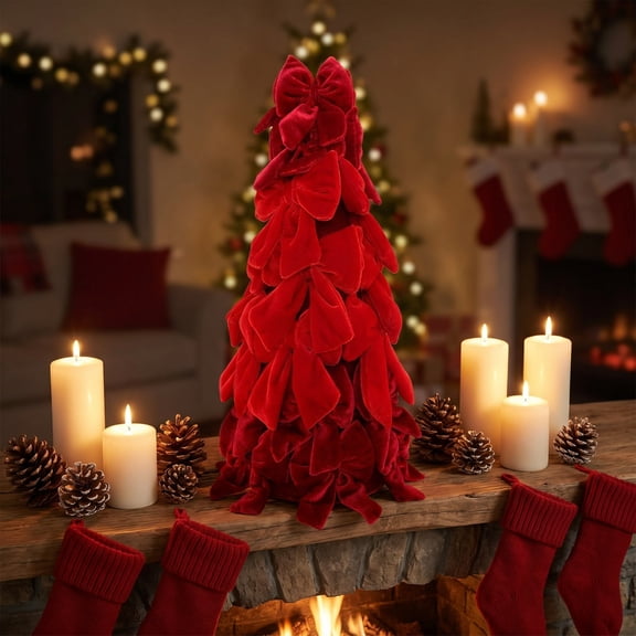 NIUBWJL Mini Tabletop Christmas Tree Decor Small Bow Tree Ornament Centerpiece Holiday Desktop Decoration for Home Bedroom Fireplace Party Christmas Gift