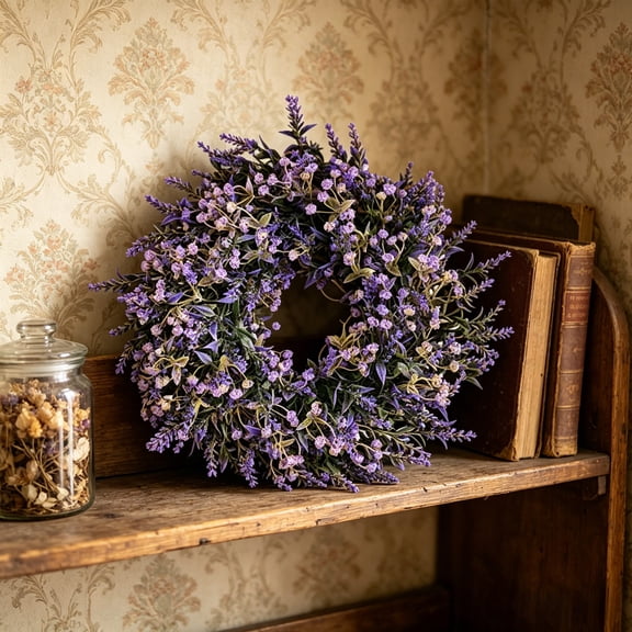NIUBWJL Purple Spring Wreaths for Front Door 14 Inch Summer Wreath Artificial Violet Lavender Wreath with Eucalyptus Leaf for Spring Easter Home Decorations