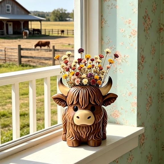 NIUBWJL Resin Highlands Cow Figurine Pen Holders Vase For Desk Bookshelf Farmhouses Decor Office Organizer Gift