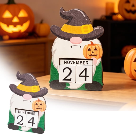 NIUBWJL Wooden Perpetual Calendar Halloween Countdown Decor Reusable Adjustable Month Date Block Tabletop Ornament Spooky Ghost Festival Home Desk Decorative Figurine