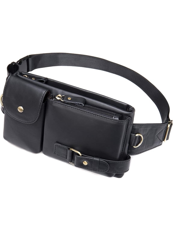 Small Vintage Waist Pack Crossbody Bag with Adjustable Strap and 4 Zipper Compartments, 9.5 x 5.5 x 2 in, Black