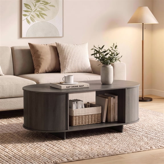 NIUEJOI 41.3" Oval Coffee Table with Open Shelf, Modern Center Table for Living Room, Gray