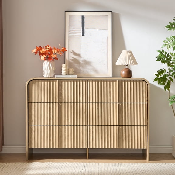 NIUEJOI 6 Drawer Fluted Dresser for Bedroom, 47" Wide Modern Chest of Drawers with Curved Edge for Living Room, Natural