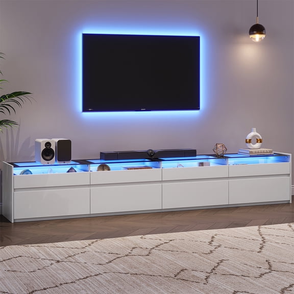 NIUEJOI 94.5" LED TV Stand for TVs up to 100", Modern Entertainment Center with 8 Drawers, Media Console with Glass Top for Living Room, White