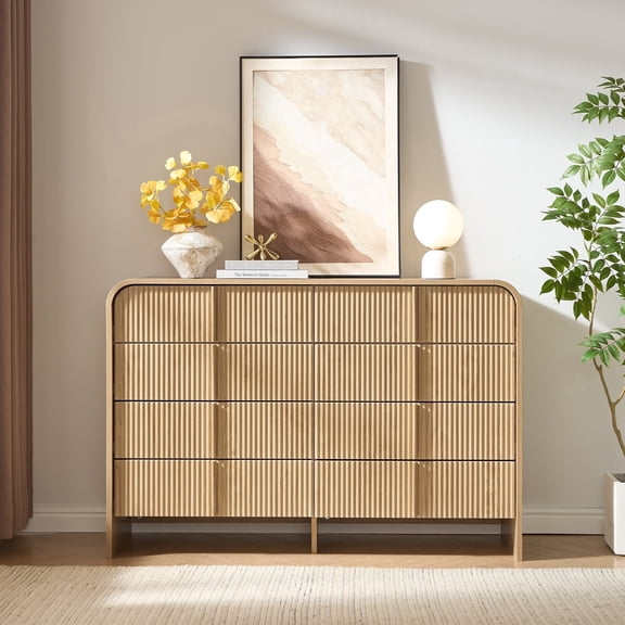 NIUEJOI Fluted 8 Drawer Dresser, 47.2" Chest of Drawer with Curved Edge, Natural Dresser for Bedroom, Living Room