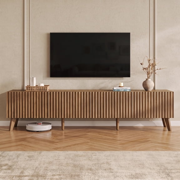 NIUEJOI Fluted TV Stand for TVs up to 75", Modern Entertainment Center with 2 Storage Compartments for Living Room, Walnut