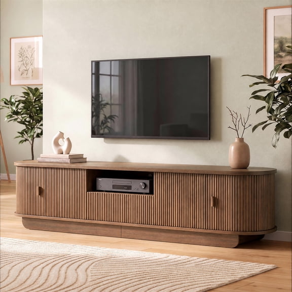 NIUEJOI Fluted TV Stand for TVs up to 95", 86.6" Modern Media Console with Sliding Doors & Open Shelf for Living Room, Walnut