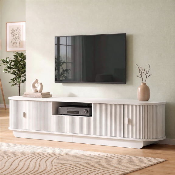 NIUEJOI Fluted TV Stand for TVs up to 95", 86.6" Modern Media Console with Sliding Doors & Open Shelf for Living Room, White