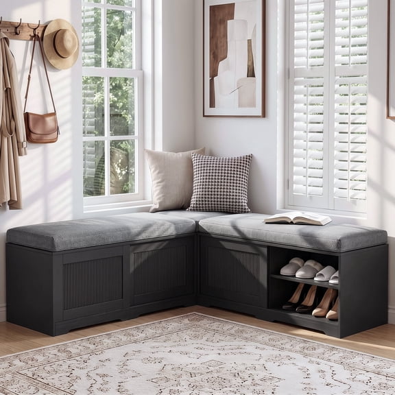 NIUEJOI L-Shaped Shoe Bench with Cushion, Corner Storage Bench with Sliding doors & Adjustable Shelves for Entryway, Black