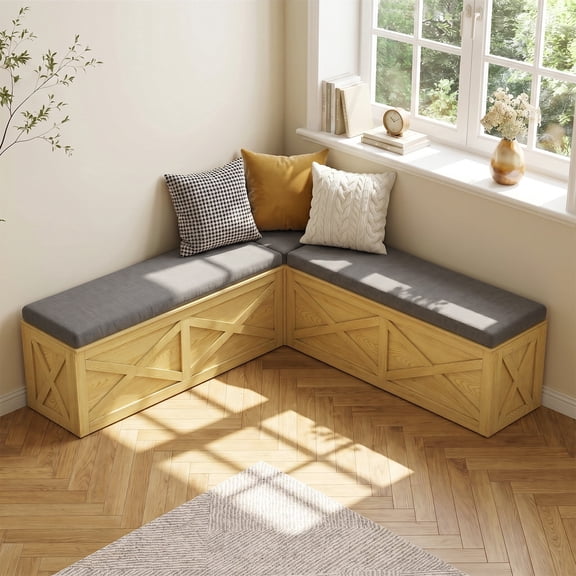NIUEJOI L-Shaped Storage Bench with Cushion, Farmhouse Corner Breakfast Nook Bench for Dining Room, Entryway, Natural