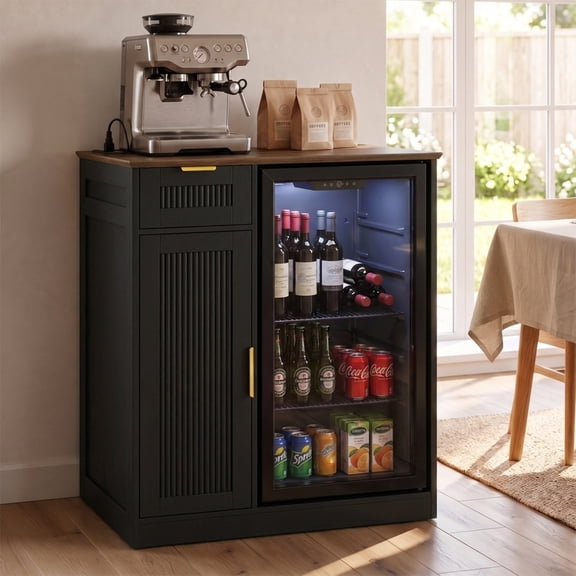 NIUEJOI Mini Fridge Cabinet with Storage, Fluted Coffee Bar Cabinet with Power Outlet, Buffet Sideboard with Drawers, Black