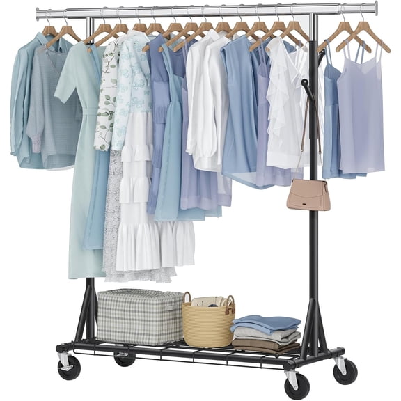 NIUMU 1-Minute Assembly Clothes Rack, 480 lbs Heavy Duty Rolling Clothing Racks with Wheels, Foldable Garment Rack, Extendable Hanging Bar, Adjustable Metal Pole with Hooks, Black