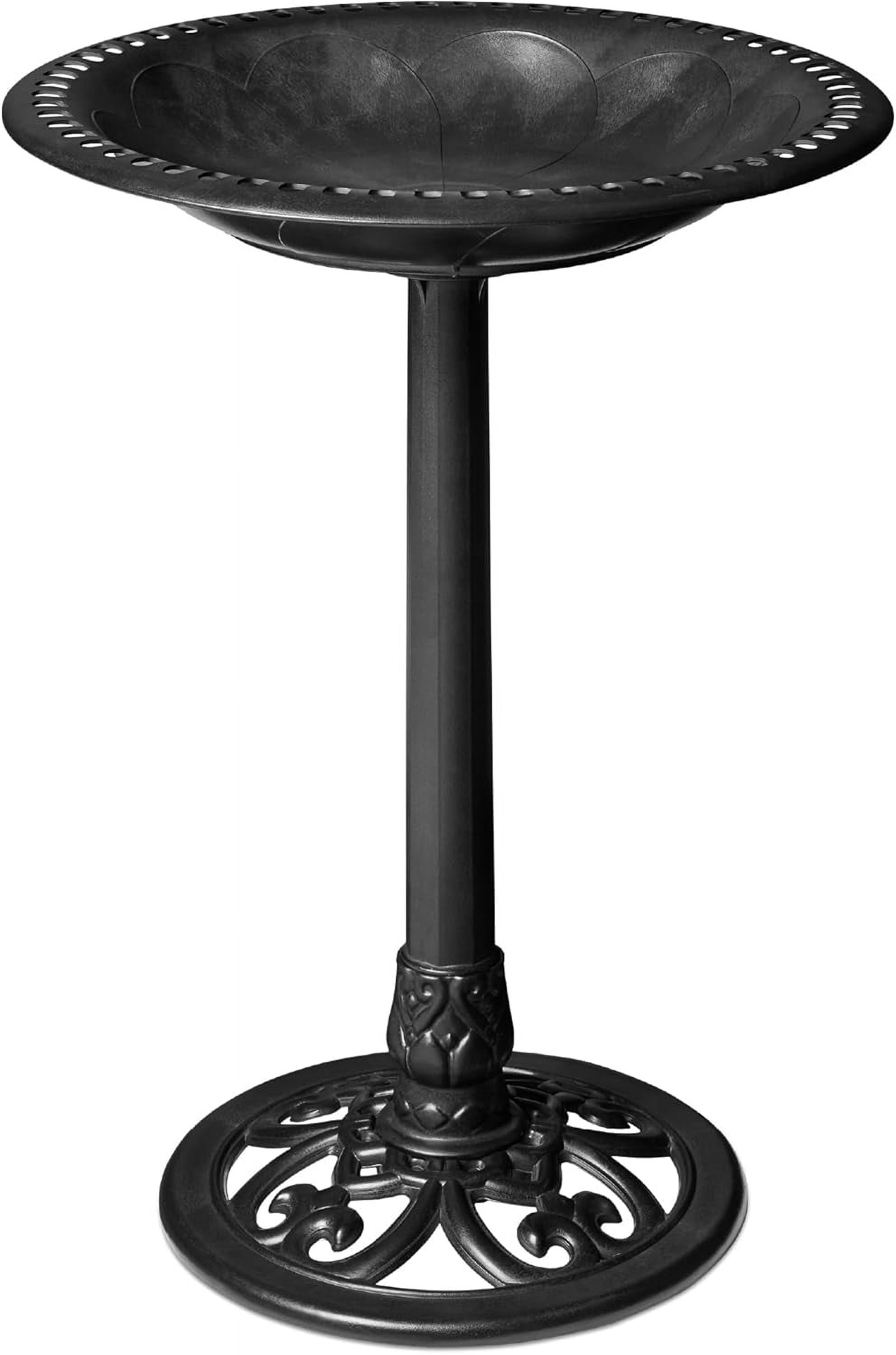 NIUMU  28in Pedestal Bird Bath, Vintage Outdoor Resin Accent Decoration w/Fleur-de-Lis Accents - Black