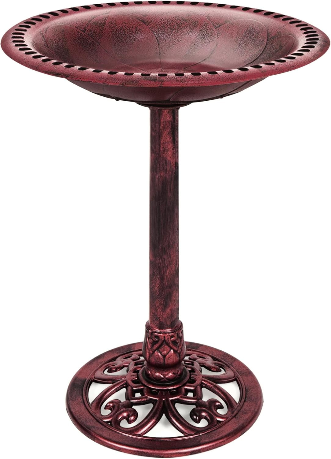 NIUMU  28in Pedestal Bird Bath, Vintage Outdoor Resin Accent Decoration w/Fleur-de-Lis Accents - Cherry Red