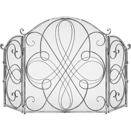 NIUMU 3-Panel 55x33in Solid Wrought Iron See-Through Metal Fireplace Screen, Spark Guard Safety Protector w/Decorative Scroll - Pewter