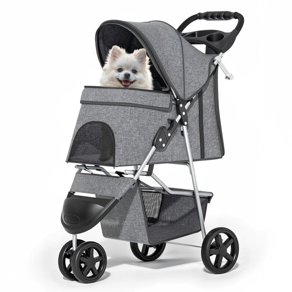 NIUMU 3 Wheels Pet Dog Cat Stroller for Small Medium Dogs and Cats, Lightweight Foldable Jogger Stroller w/Storage Basket and Cup Holder, Gray