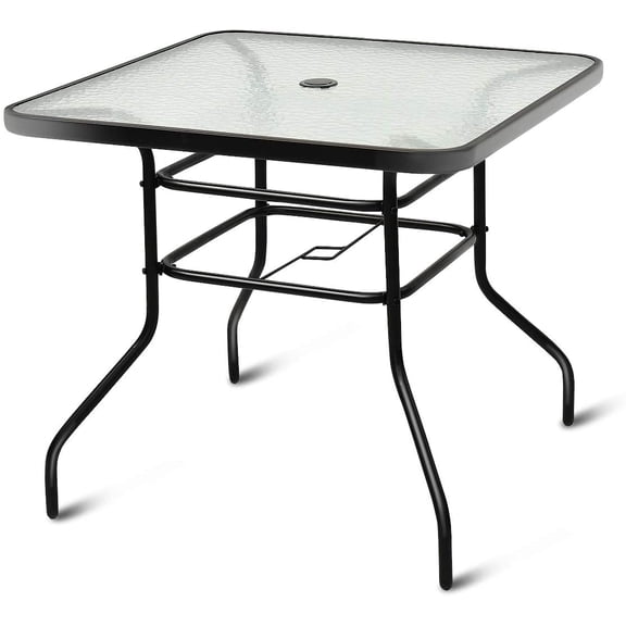 NIUMU 32" Square Outdoor Dining Table with Tempered Glass Top, Outside Bistro Table with 2" Umbrella Hole & Metal Frame, Patio Dining Table for Backyard, Lawn, Deck & Poolside