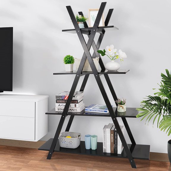NIUMU 4 Tier Ladder Bookshelf Storage Shelves, A Frame Wooden Ladder Open Display Shelves Floor Shlef Storage Furniture for Home Office Living Room Black