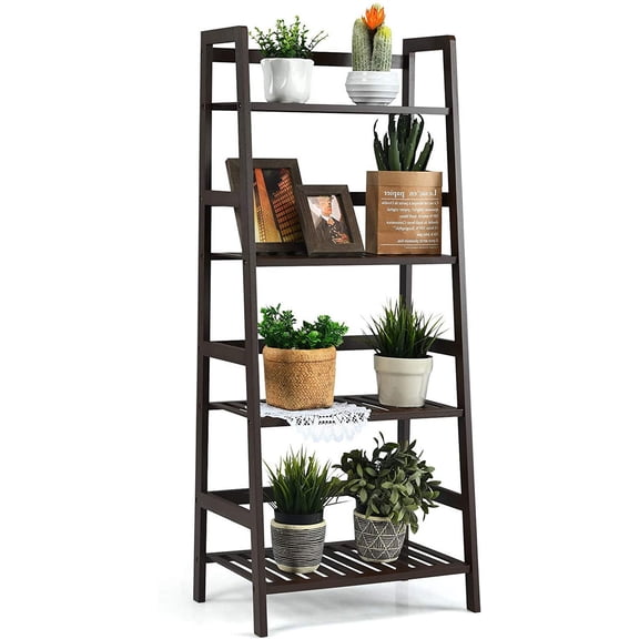 NIUMU 4-Tier Ladder Shelf, Multifunctional Ladder-Shaped Bookcase Storage Shelves, Bamboo Plant Stand Flower Pots Holder, Display Rack for Living Room Bathroom Bedroom Kitchen (Espresso)