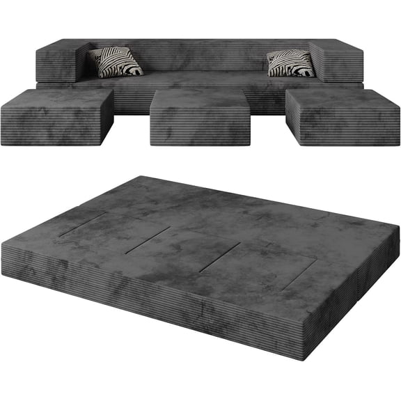 NIUMU 80'' Queen Convertible Floor Sofa Bed, Velvet Folding Bed Couch with 3Ottomans, Modular Sectional Floor Sofa Futon Sleeper Memory Foam Mattress for Guest/Living Room/Playroom,Deep Grey