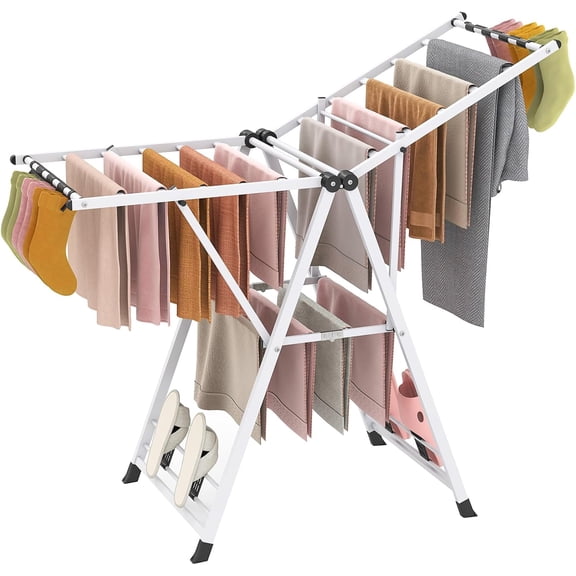 NIUMU Clothes Drying Rack, Foldable Metal Laundry Drying Rack with Height Adjustable Wings, 16 Drying Rails, Sock Clips & Shoe Racks, Freestanding Clothing Stand for Indoor & Outdoor, White