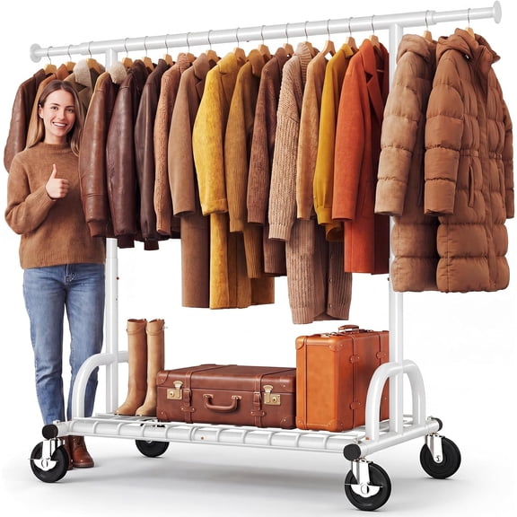 NIUMU Clothes Rack Collapsible Clothing Garment Rack Capacity 525LBS Clothing Racks on Wheels Heavy Duty Rolling Clothes Rack for Hanging Clothes for bedroom, Commercial, White 22"D x 75"W x 71"H