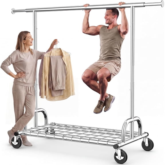 NIUMU Clothes Rack Collapsible Clothing Garment Rack Capacity 525LBS Clothing Racks on Wheels Heavy Duty Rolling Clothes Rack for Hanging Clothes for bedroom, Commercial, Black 22"D x 75"W x 71"H