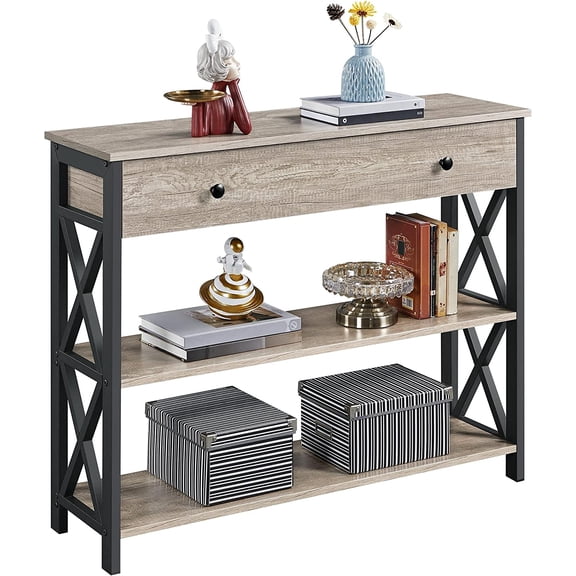 NIUMU Console Table with Drawer, Entryway Table with 3 Tier Storage Shelves, Narrow Long Sofa Table for Entryway, Living Room, Hallway, Couch, Kitchen, Metal Frame, Gray