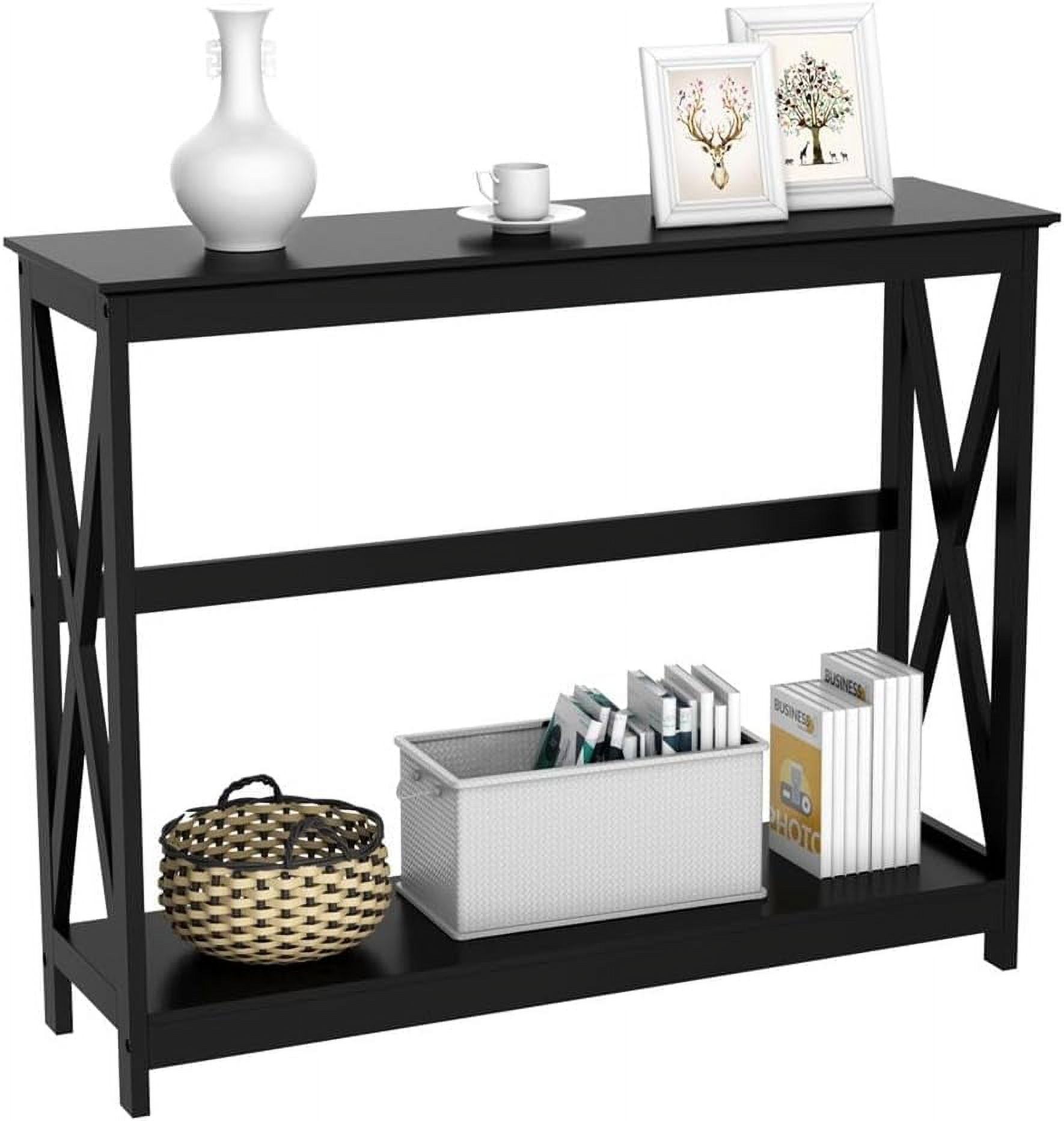 NIUMU Console Table for Entryway, 2 Tier Entryway Table Bookshelf Accent Table w/Storage Shelf Living Room Entry Hall Foyer Table Furniture, Black,X-Design