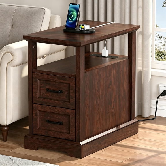 NIUMU Farmhouse Narrow Side Table with Charging Station Open Shelf, Rustic White
