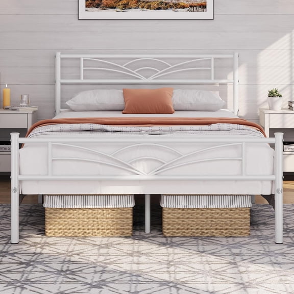 NIUMU Full Size Bed Frames Metal Platform Bed Mattress Foundation with Cloud-Inspired Design Headboard/Footboard/Ample Under Bed Storage/No Box Spring Needed/White