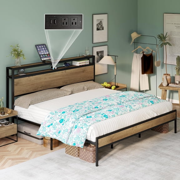 NIUMU King Size Bed Frame, Platform Bed Frame with 2-Tier Storage Headboard and Charging Station/No Box Spring Needed/Noise Free/Industrial/Light Brown