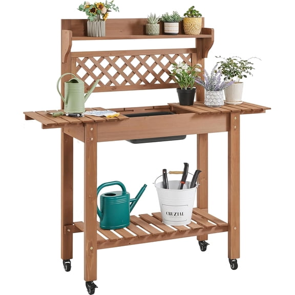 NIUMU Sunny Lane Potting Bench Table Outdoor Garden Horticulture Wooden Workstation Benches w/Sliding Tabletop/Removable Sink/Storage Shelf,Brown