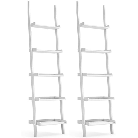 NIUMU Ladder Shelf, 5-Tier Multifunctional Modern Wood Plant Flower Book Display Shelf, Home Office Storage Rack Leaning Ladder Wall Shelf (White, 2)