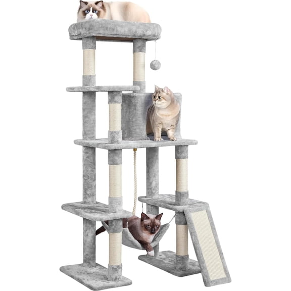 NIUMU Large Multi-Level Cat Tree for Multi-Cat Households, 63 in Tall with Large Perch, Plush Condo, Sisal Scratching Posts, Hammock, Replaceable Toy for Living Room/Apartment, Light Gray