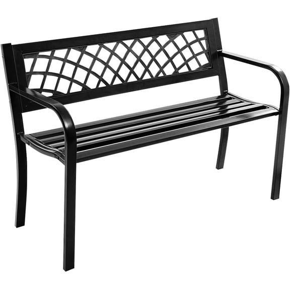 NIUMU Outdoor Bench, Garden Bench with Iron Steel Frame, PVC Backrest, Mesh Pattern, Ergonomic Armrests, 500 lbs Metal Outside Bench for Patio Park Porch Lawn Yard Balcony Path Entryway Deck
