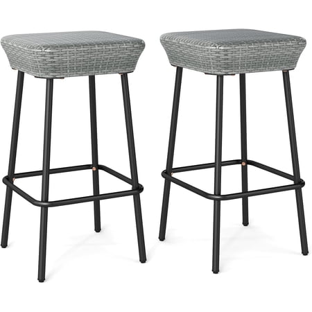 NIUMU Patio Bar Stools Set of 2, 29.5” Metal Bar Height Stools with Rattan Seat & Footrest, Heavy-Duty Wicker Outdoor Backless Seating Furniture for Backyard, Porch, Poolside (1, Mix Gray)