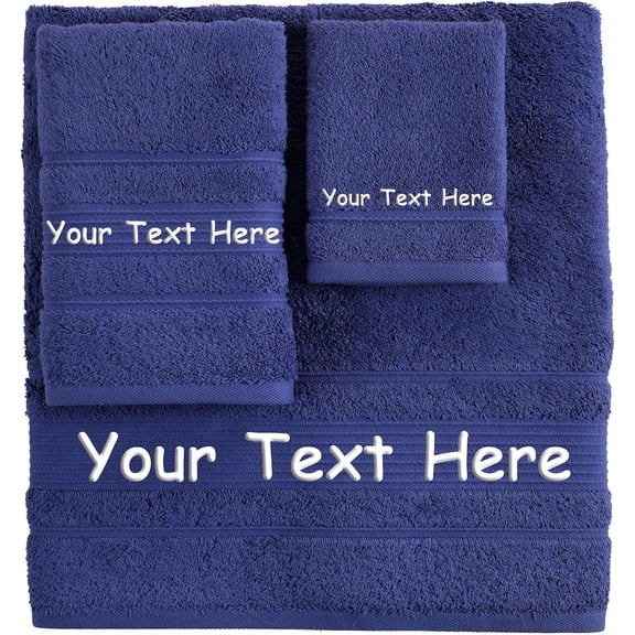 NIUMU Personalized Custom 3-Piece Towel Set Bath, Hand & Washcloth 100% Cotton, Soft & Absorbent Embroidered Name or Monogram Hotel Towels for Bathroom, Spa, Hotel, Wedding & Gift Navy Blue