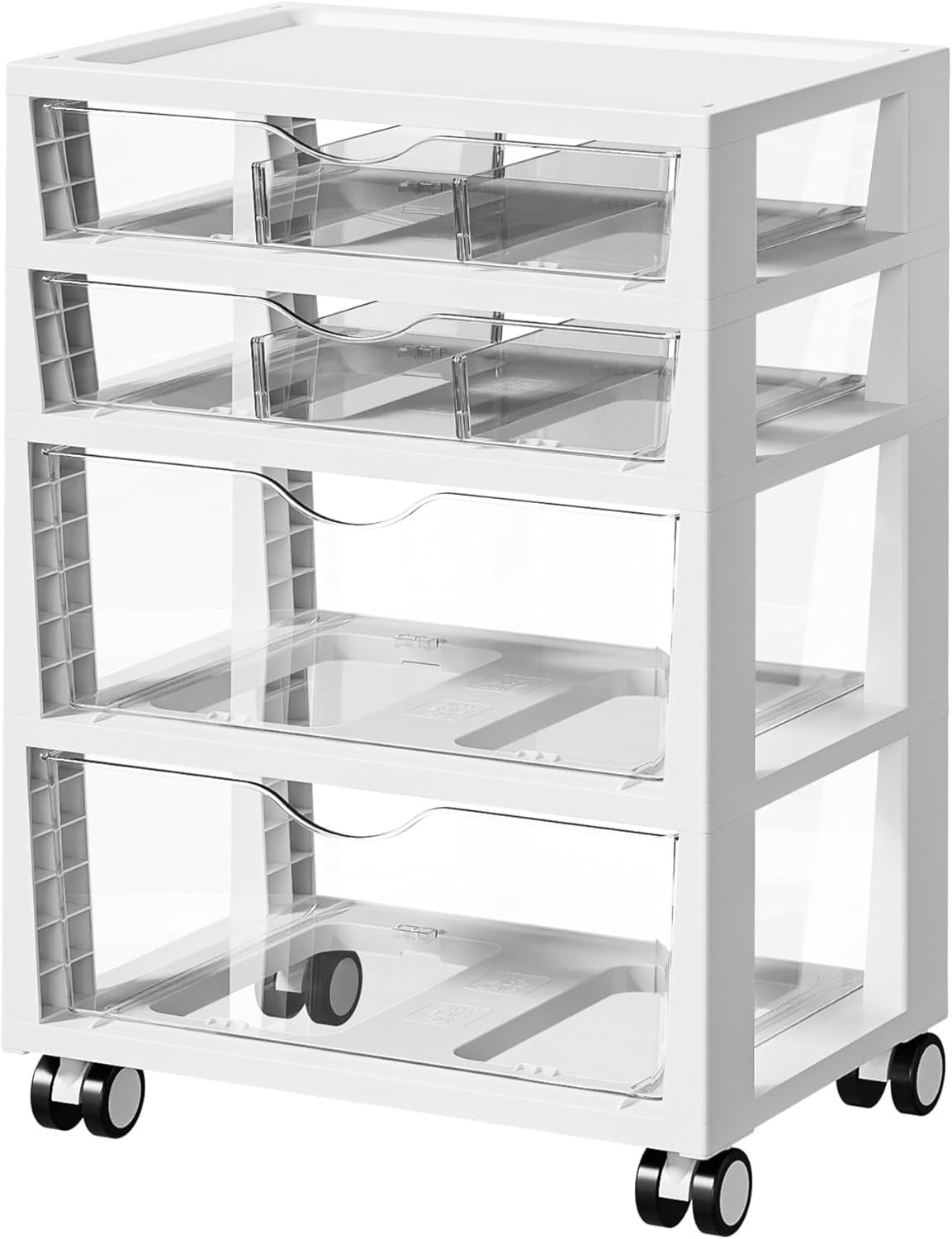 NIUMU Plastic Drawer Storage Rolling Cart with Wheels, 4-Tier Drawer Organizer for Art Crafts Supplies, Home Office Supplies, Toys, Under Desk Storage for Office, Craft Room, Bedroom, Classroom