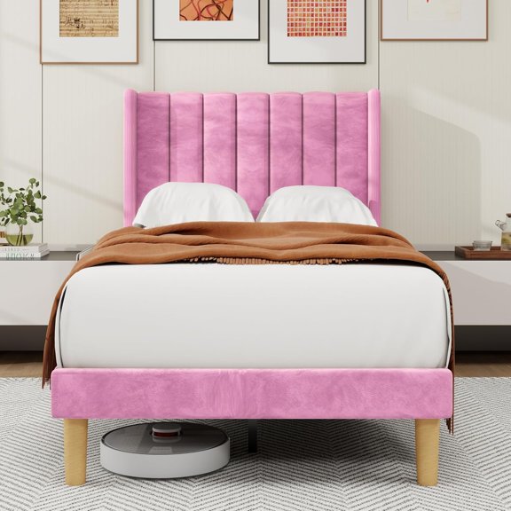 NIUMU Platform Bed Frame Twin Size with Upholstered Headboard, Solid Wood Slats Support, No Box Spring Needed, Noise Free, Easy Assembly, Modern Velvet Bed, Pink