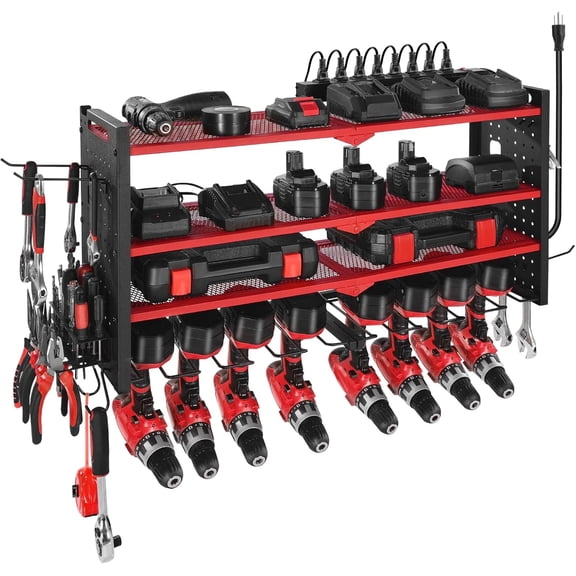NIUMU Power Tool Organizer with Charging Station, 4-Layer Drill Storage Rack with 8 Drill Holders & Side Pegboard, Garage Tool Organizer Built in 8 Outlet Power Strips for Garage, Workbench, Workshop