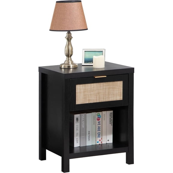 NIUMU Rattan Nightstand, Farmhouse Night Stands with Drawer, Boho End Side Table for Bedroom, Small Space, Black Oak