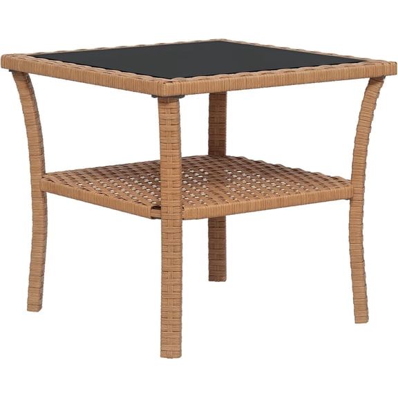 NIUMU Rattan Side Table, Outdoor End Table with Storage Shelf, Aluminum Frame Square, Coffee Table with Tempered Glass Top, Sand