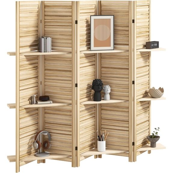 NIUMU Room Divider, 5 Panel 67" Tall Wood Privacy Screen with 3 Display Shelves, and Folding Storage for Bedroom or Home Office, Natural Wood