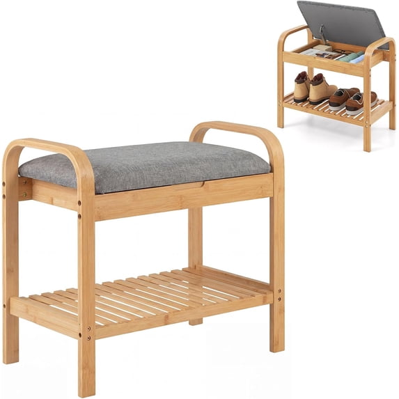 NIUMU Small Entryway Bench with Storage, 2-Tier Bamboo Shoe Rack Bench with Flip Top Storage Space and Padded Cushion, Shoe Organizer for Entryway, Living Room, Hallway, Bedroom,Natural