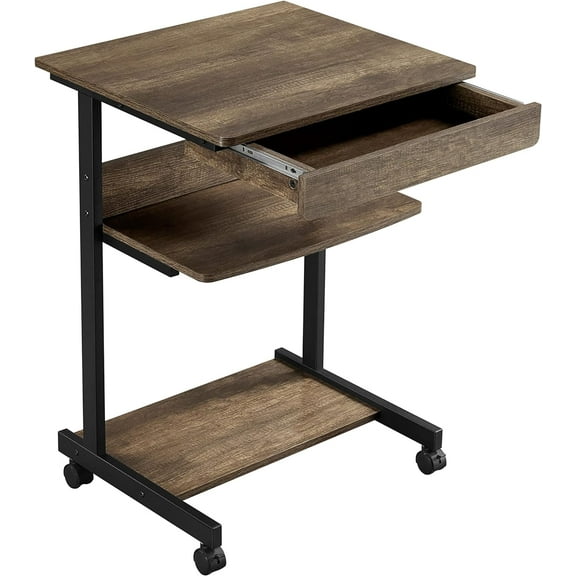 NIUMU Small Rolling Computer Desk with Storage Drawer, Rolling Home Office Computer Desk with Keyboard Tray, Laptop Desk with Wheels and Drawer, Taupe Wood